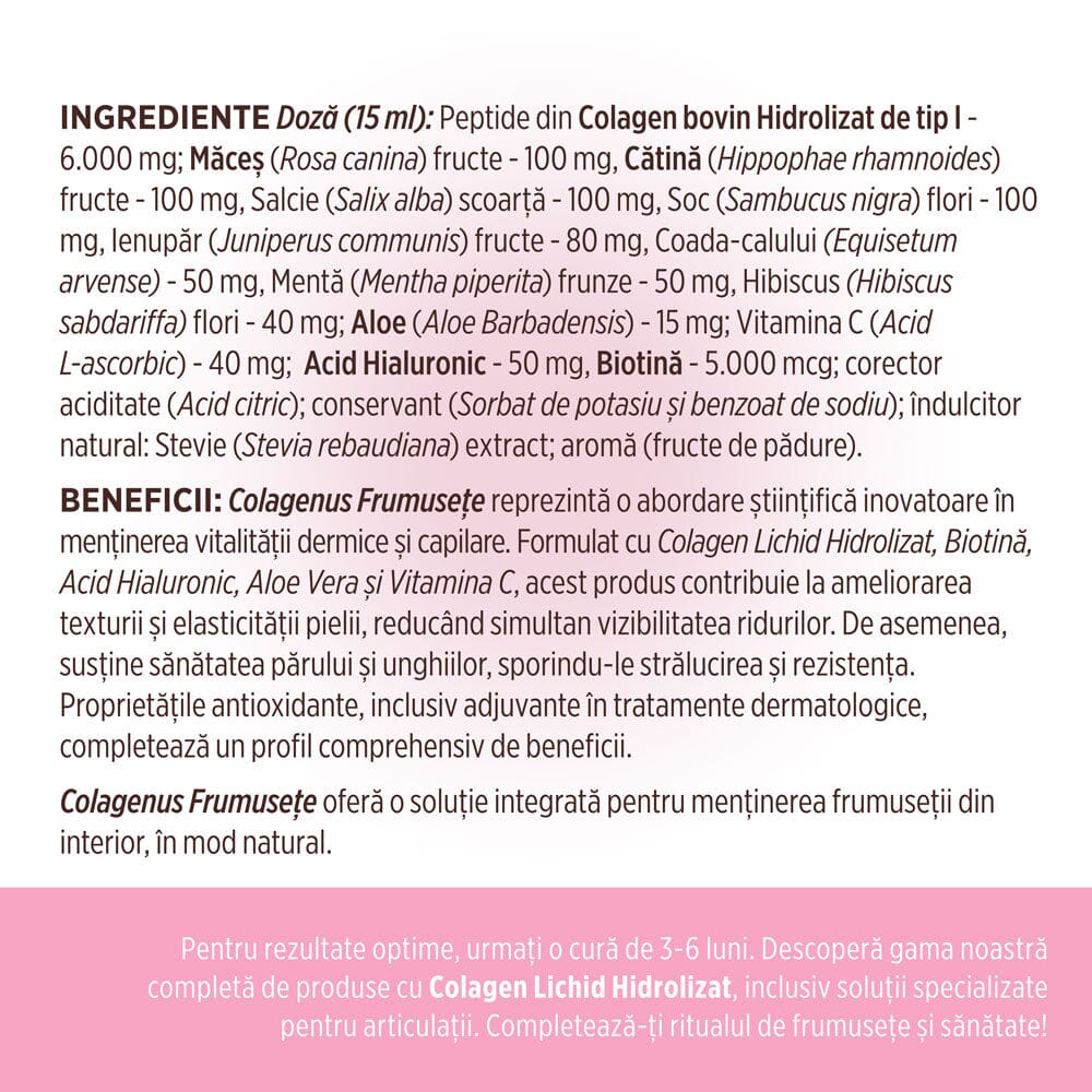 Colagenus Frumusețe - Colagen lichid hidrolizat cu acid hialuronic și biotină. Flacon 500ml. Susține sănătatea și frumusețea pielii, unghiilor și părului. Reduce ridurile și căderea părului. Întărește unghiile Supliment alimentar Faunus Plant 