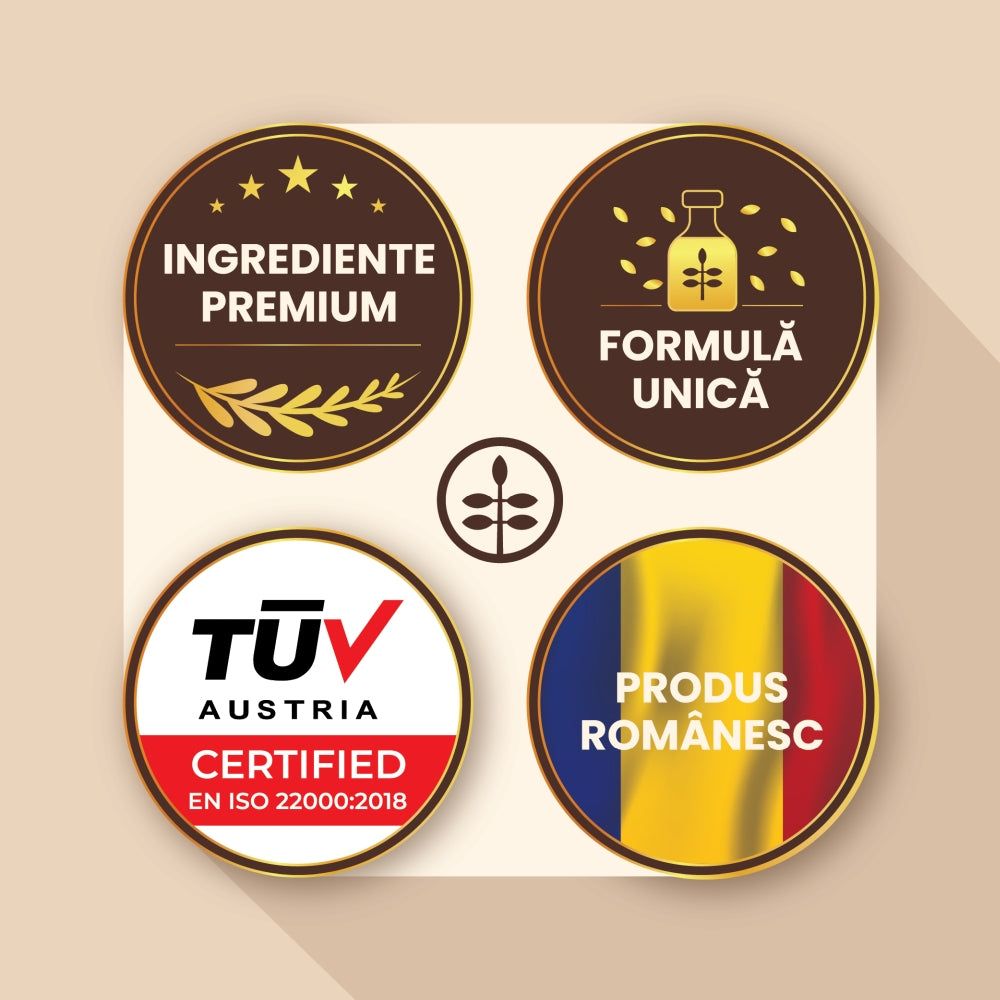 Garanția calității de la Faunus Plant, elemente grafice circulare ilustrând ingrediente premium, formula unică, certificarea TUV Austria, produs românesc