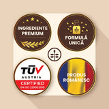Garanția calității de la Faunus Plant, elemente grafice circulare ilustrând ingrediente premium, formula unică, certificarea TUV Austria, produs românesc