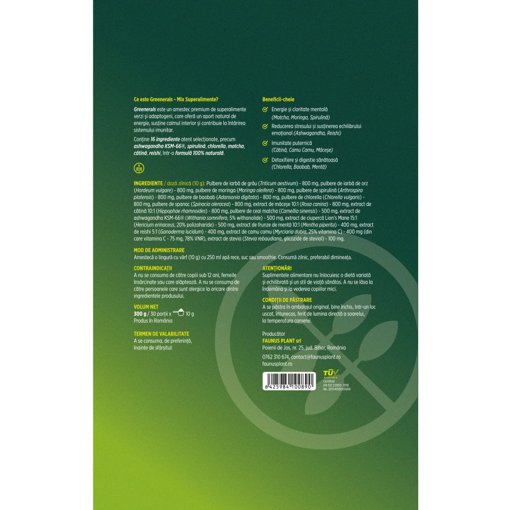 Greenerals - Amestec de superalimente naturale cu nutrienți esențiali pentru organism. Pudră 300g. Energie și vitalitate. Susține imunitatea și detoxifierea în mod natural cu un mix de verdețuri, superalimente și antioxidanți Superalimente Faunus Plant 