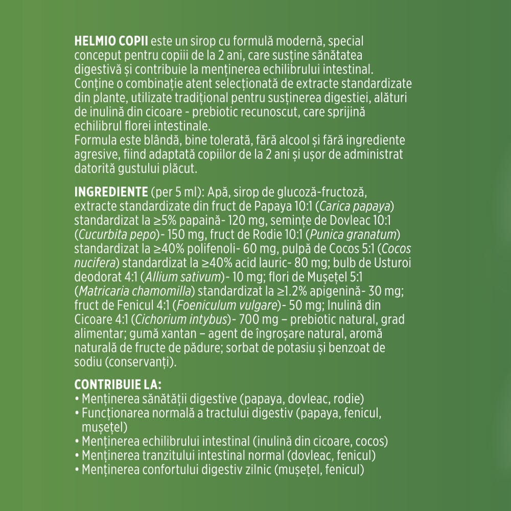 Helmio Copii – Sirop blând din plante medicinale și prebiotic pentru digestie și echilibru intestinal. Flacon 200 ml Sirop Faunus Plant 