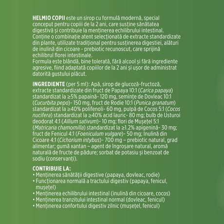 Helmio Copii – Sirop blând din plante medicinale și prebiotic pentru digestie și echilibru intestinal. Flacon 200 ml Sirop Faunus Plant 