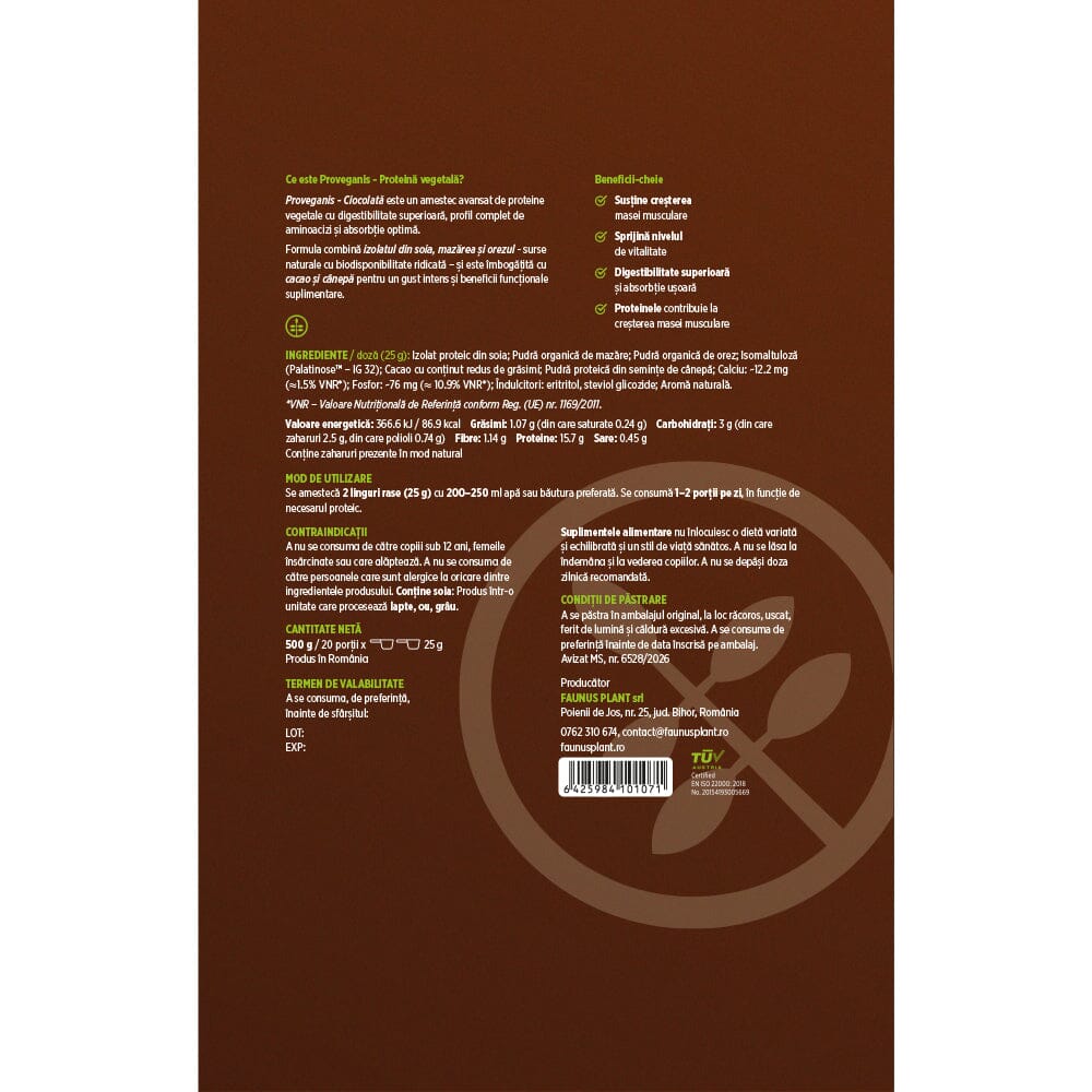 Proveganis - Proteină vegetală cu aromă de ciocolată. Amestec natural pentru energie și susținerea masei musculare. Pudră 500 g Superalimente Faunus Plant 