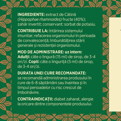Eticheta desfășurată cu ingredientele Siropului de Cătină 500ml de la Faunus Plant, mod de administrare, durata unei cure recomandate și contraindicații pentru utilizatori. | Cantitate - 500ml