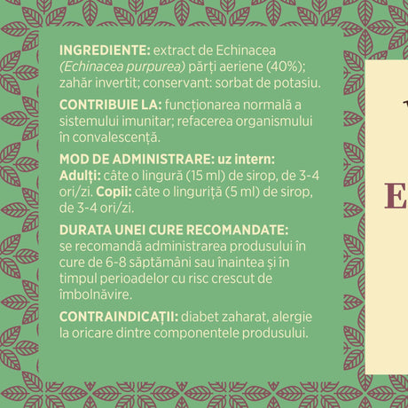 Eticheta desfășurată stânga cu ingredientele Siropului Echinacea 500ml de la Faunus Plant, mod de administrare, durata unei cure recomandate și contraindicații pentru utilizatori. | Cantitate - 500ml