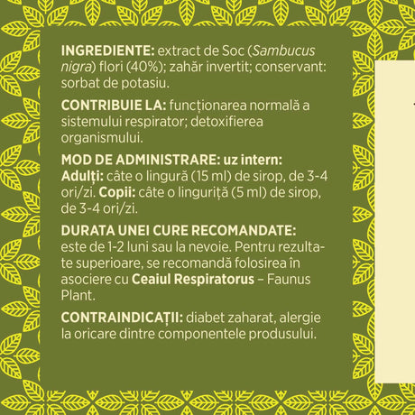 Eticheta desfășurată stânga cu ingredientele Siropului de Soc de 500 ml, mod de administrare, durata unei cure recomandate și contraindicații pentru utilizatori. | Cantitate - 500ml