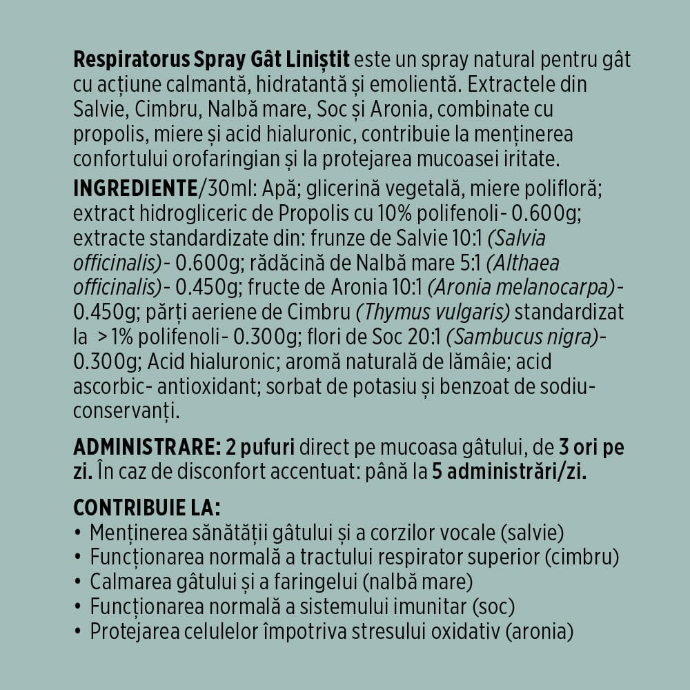 Respiratorus Gât Liniștit – Spray de gât pentru adulți cu propolis, miere și plante. Efect calmant și hidratant. Flacon 30 ml Sprayuri Faunus Plant 