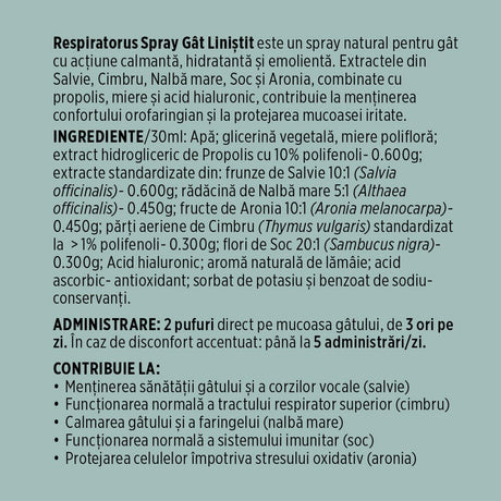 Respiratorus Gât Liniștit – Spray de gât pentru adulți cu propolis, miere și plante. Efect calmant și hidratant. Flacon 30 ml Sprayuri Faunus Plant 