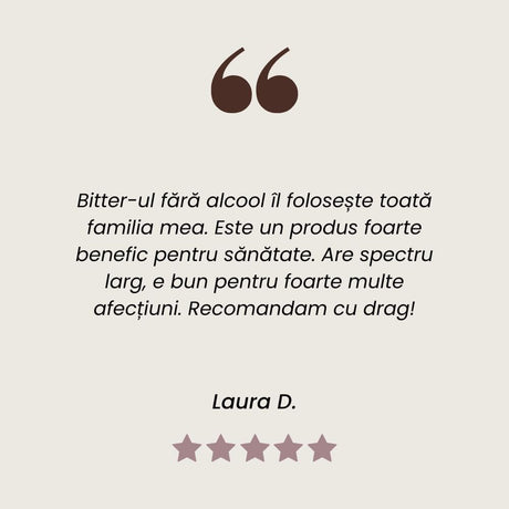 Testimonial al unui client mulțumit care a folosit Pachet Bitter fără alcool 30 plante Faunus Plant împreună cu toată familia sa.