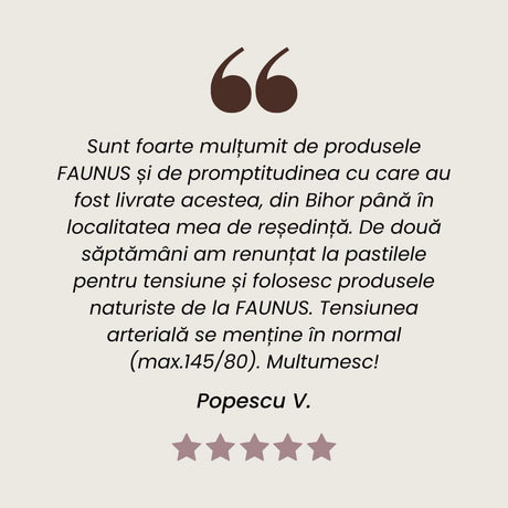Testimonial al unui client mulțumit care a folosit Pachetul Normotensius de la Faunus Plant.
