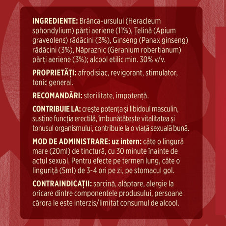 Eticheta desfășurată stânga cu ingredientele Tinctura Afrodisiacus 200 ml de la Faunus Plant, ingrediente, proprietăți, recomandări, mod de administrare și contraindicații pentru utilizatori.
