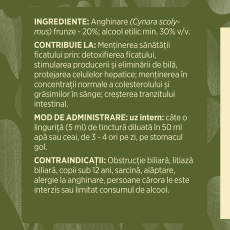Eticheta desfășurată stânga cu ingredientele Tinctura Anghinare 200 ml de la Faunus Plant, ingrediente, proprietăți, recomandări, mod de administrare și contraindicații pentru utilizatori.