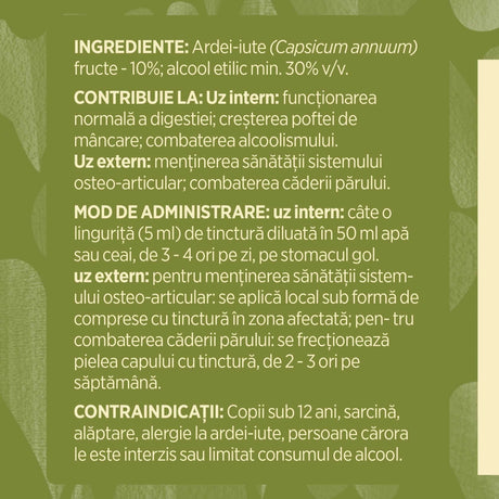Eticheta desfășurată stânga cu ingredientele Tinctura Ardei Iute 200 ml de la Faunus Plant, ingrediente, proprietăți, recomandări, mod de administrare (uz intern și extern) și contraindicații pentru utilizatori.
