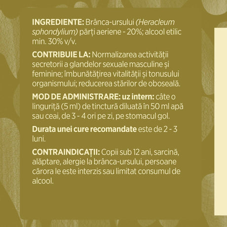 Eticheta desfășurată stânga cu ingredientele Tinctura Brânca Ursului 200 ml de la Faunus Plant, ingrediente, proprietăți ,recomandări, mod de administrare, contraindicații și precauții pentru utilizatori. | Cantitate - 200ml