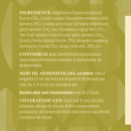 Eticheta desfășurată stânga cu ingredientele Tinctură Detoxifius 200 ml de la Faunus Plant, ingrediente, proprietăți, recomandări, mod de administrare, durata unei cure recomandate,contraindicații și precauții pentru utilizatori.