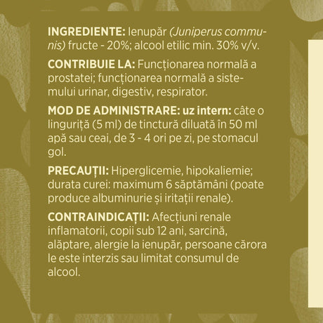 Eticheta desfășurată stânga cu ingredientele Tinctură Ienupăr 500 ml de la Faunus Plant, ingrediente, proprietăți, recomandări, mod de administrare, atenționări și contraindicații. | Cantitate - 500ml