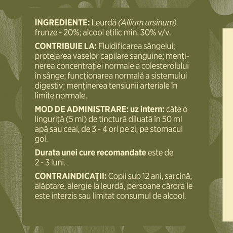 Eticheta desfășurată stânga cu ingredientele Tinctură Leurdă 500 ml de la Faunus Plant, ingrediente, proprietăți, recomandări, mod de administrare, atenționări și contraindicații. | Cantitate - 500ml