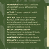 Eticheta desfășurată stânga cu ingredientele Tinctură Mărul Lupului 200 ml de la Faunus Plant, ingrediente, proprietăți, recomandări, mod de administrare, atenționări și contraindicații.