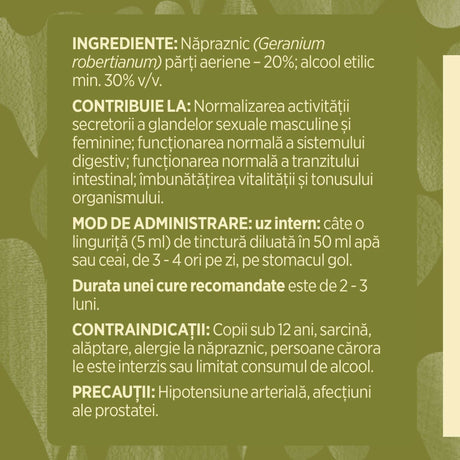 Eticheta desfășurată stânga cu ingredientele Tincturii Năpraznic 500 ml de la Faunus Plant, ingrediente, proprietăți, recomandări, mod de administrare, atenționări și contraindicații. | Cantitate - 500ml