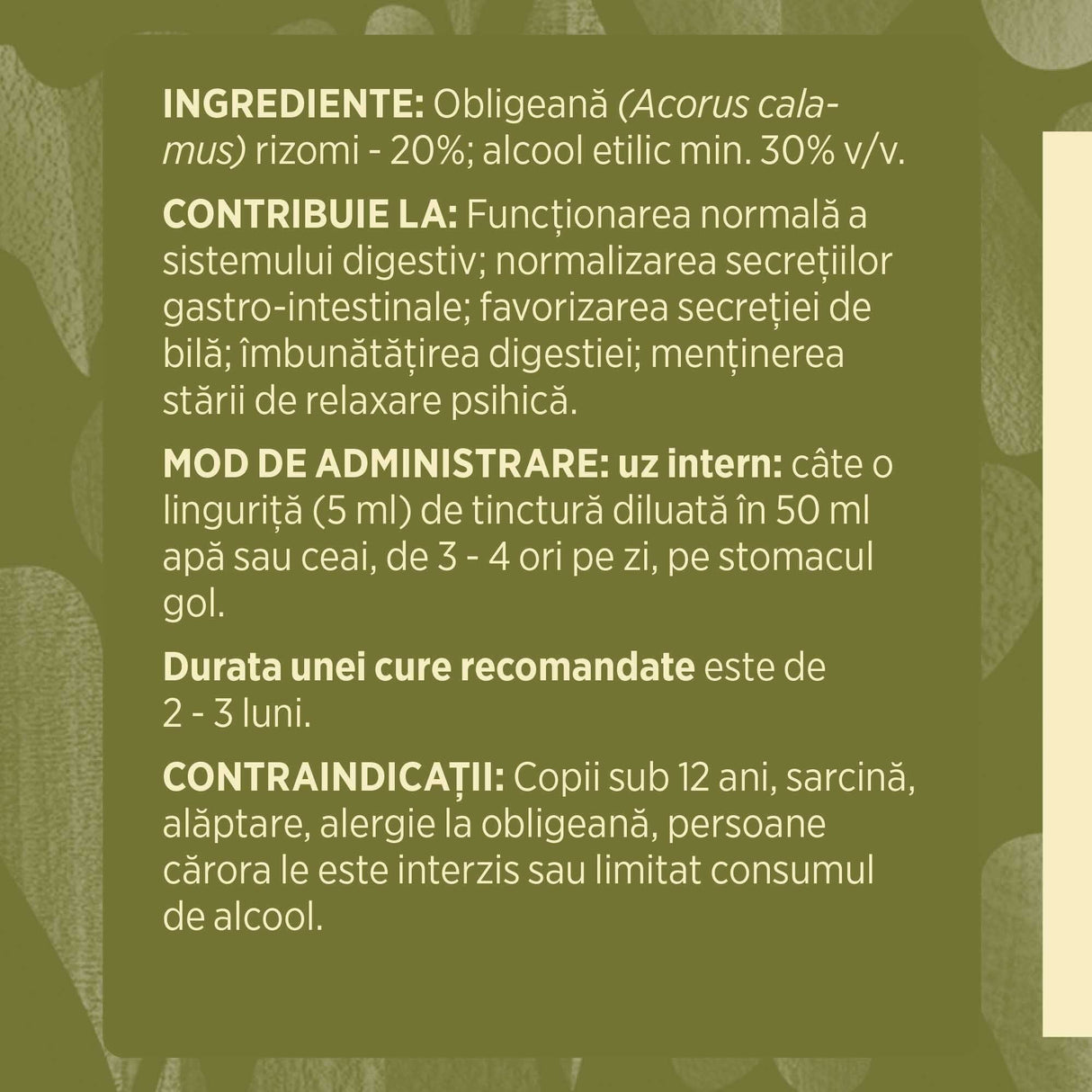 Eticheta desfășurată stânga cu ingredientele Tincturii Obligeană 200 ml de la Faunus Plant, ingrediente, proprietăți, recomandări, mod de administrare, atenționări și contraindicații.