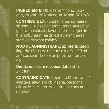 Eticheta desfășurată stânga cu ingredientele Tincturii Obligeană 200 ml de la Faunus Plant, ingrediente, proprietăți, recomandări, mod de administrare, atenționări și contraindicații. | Cantitate - 200ml