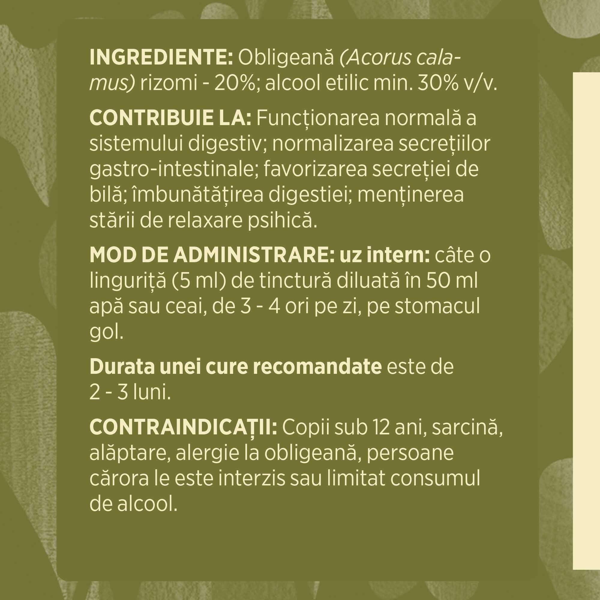 Eticheta desfășurată stânga cu ingredientele Tincturii Obligeană 500 ml de la Faunus Plant, ingrediente, proprietăți, recomandări, mod de administrare, atenționări și contraindicații. | Cantitate - 500ml