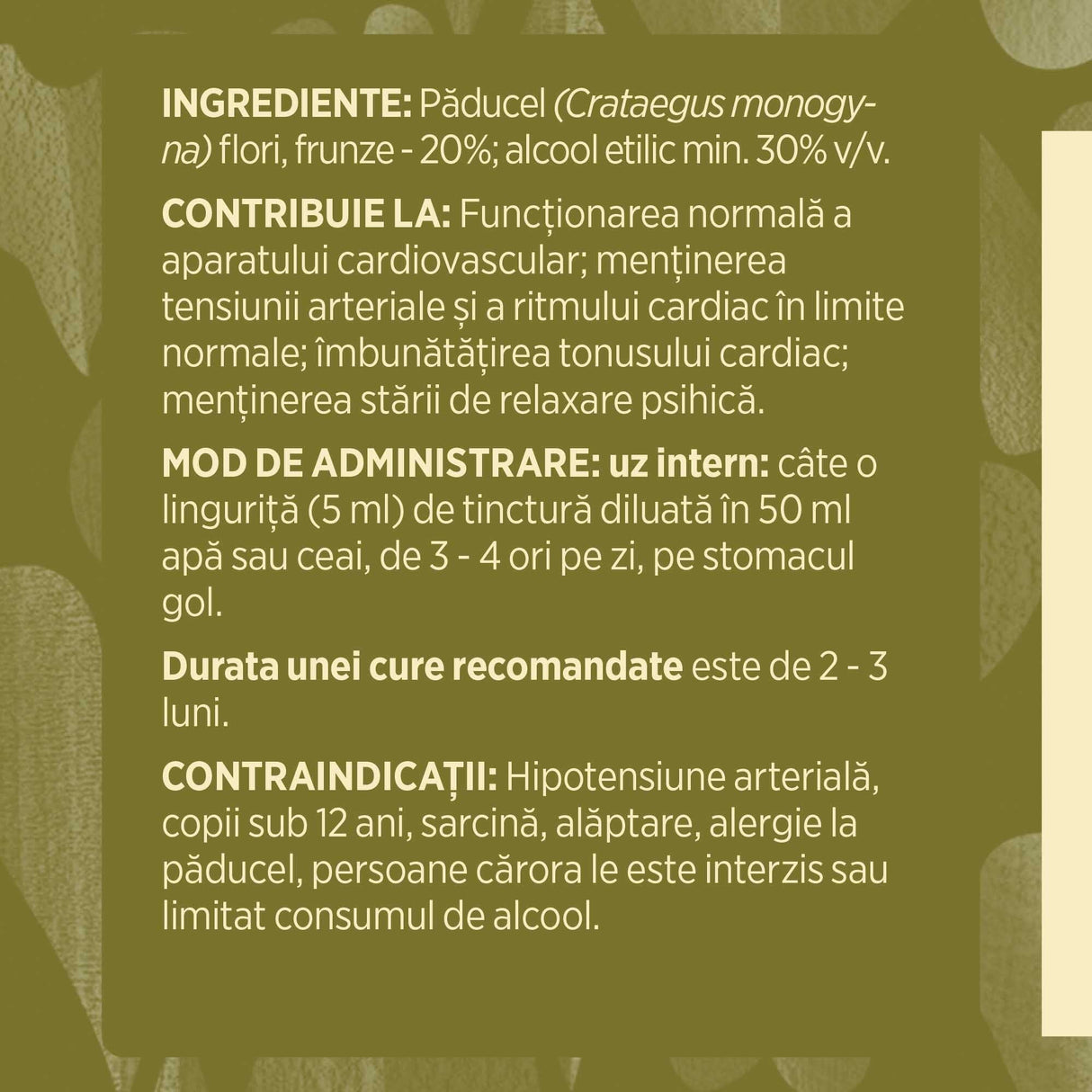 Eticheta desfășurată stânga cu ingredientele Tincturii Păducel 200 ml de la Faunus Plant, ingrediente, proprietăți, recomandări, mod de administrare, atenționări și contraindicații.