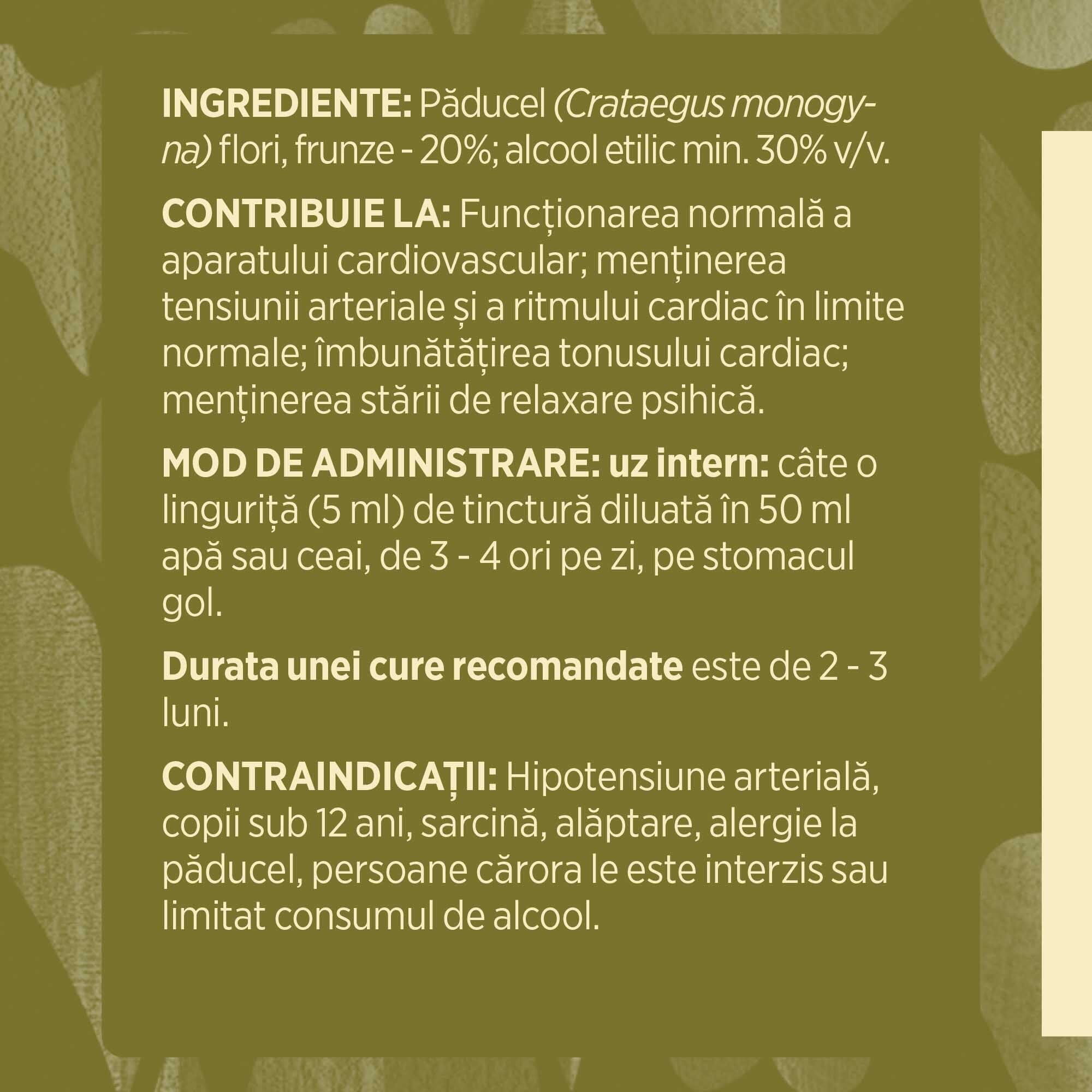 Eticheta desfășurată stânga cu ingredientele Tincturii Păducel 500 ml de la Faunus Plant, ingrediente, proprietăți, recomandări, mod de administrare, atenționări și contraindicații.