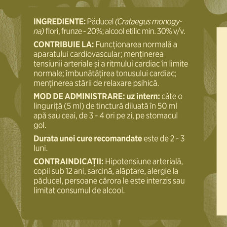 Eticheta desfășurată stânga cu ingredientele Tincturii Păducel 500 ml de la Faunus Plant, ingrediente, proprietăți, recomandări, mod de administrare, atenționări și contraindicații. | Cantitate - 500ml