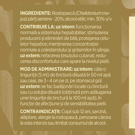Eticheta desfășurată stânga cu ingredientele Tincturii Rostopască 200 ml de la Faunus Plant, ingrediente, proprietăți, recomandări, mod de administrare, atenționări și contraindicații.