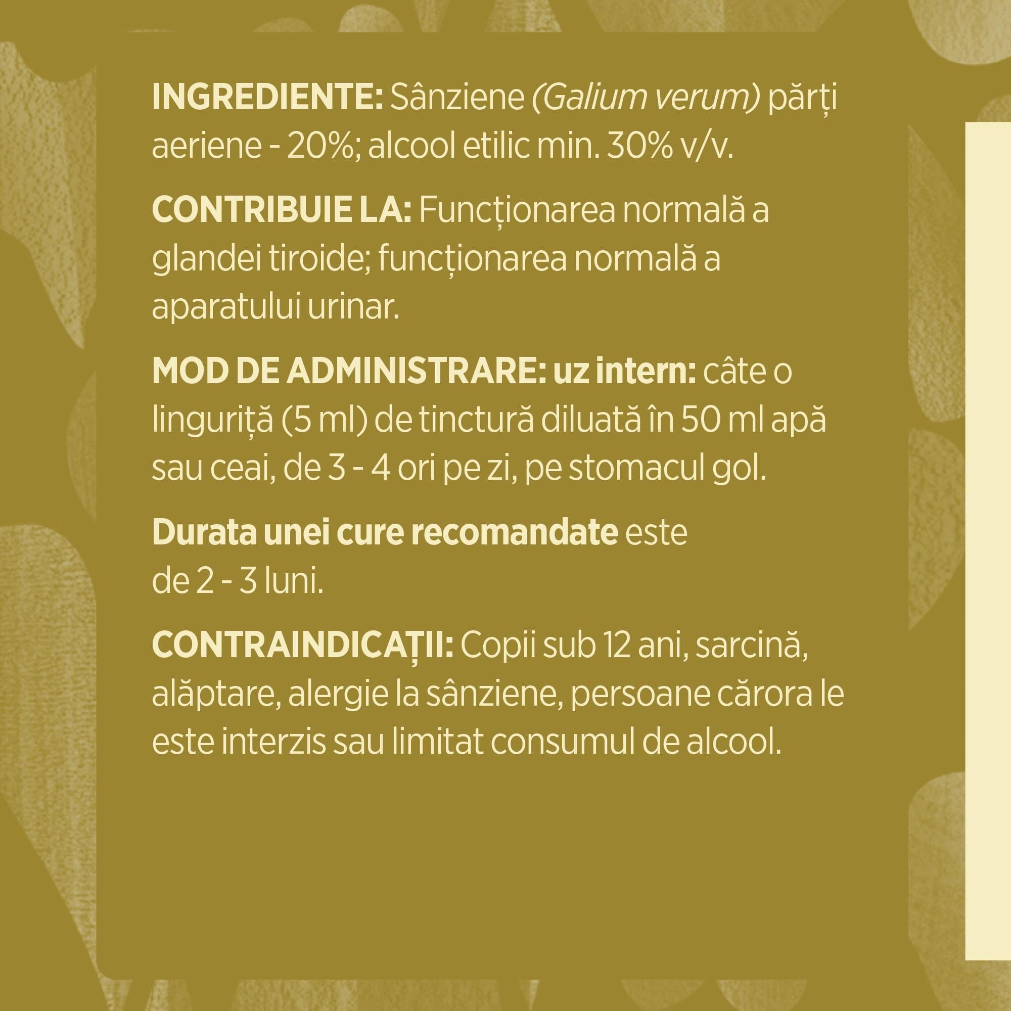 Eticheta desfășurată stânga cu ingredientele Tincturii Sânzienei 500 ml de la Faunus Plant, ingrediente, proprietăți, recomandări, mod de administrare, atenționări și contraindicații.