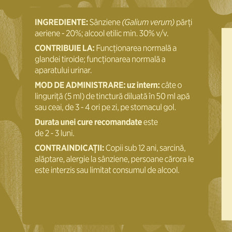Eticheta desfășurată stânga cu ingredientele Tincturii Sânzienei 500 ml de la Faunus Plant, ingrediente, proprietăți, recomandări, mod de administrare, atenționări și contraindicații. | Cantitate - 500ml