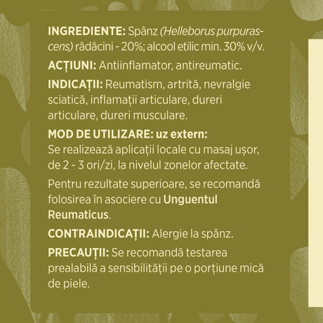 Etichetă desfășurată lateral stânga Tinctură Spânz 200ml care prezintă informații legate de ingredientele din compoziție, acțiuni, indicații, modul de administrare, respectiv contraindicațiile și precauțiile.