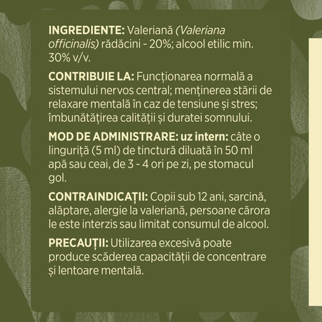 Etichetă desfășurată lateral stânga Tinctură Valeriană 500ml care prezintă informații legate de ingredientele din compoziție, acțiuni, indicații, modul de administrare, respectiv contraindicațiile și precauțiile produsului. | Cantitate - 500ml