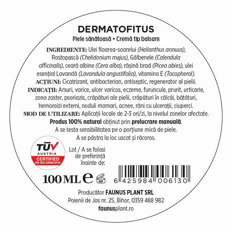 Dermatofitus - Cremă tip balsam 100ml. Extract din plante medicinale cu ceară de albine și rășină de brad pentru piele, cu efect cicatrizant Unguent Faunus Plant | Cantitate - 100ml