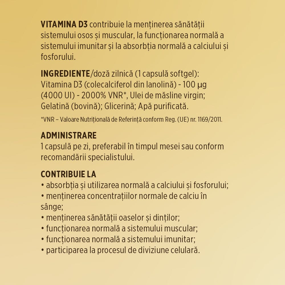 Etichetă desfășurată lateral stânga pentru capsule Vitamina D3 4000 UI de la Faunus Plant, cu ingrediente, administrare și beneficii.