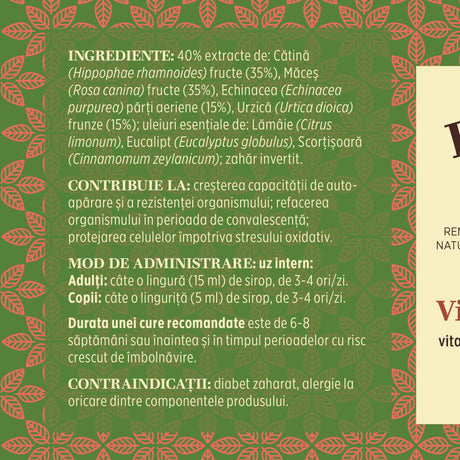 Eticheta desfășurată stânga cu ingredientele Vitaminizantus 200ml de la Faunus Plant, mod de administrare, durata unei cure recomandate și contraindicații pentru utilizatori.