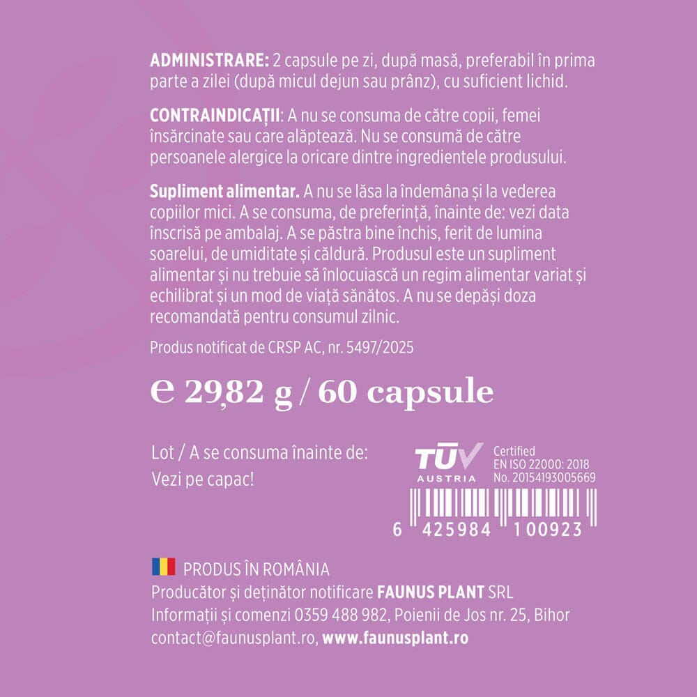 Etichetă desfășurată capsule Folicalis de la Faunus Plant, cu administrare, contraindicații, cantitate și detalii despre producător, cod de bare și logo TUV Austria.