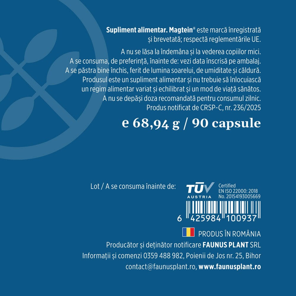 Etichetă desfășurată capsule Magtein de la Faunus Plant, cu descriere produs, atenționări, cantitate și detalii despre producător, cod de bare și logo TUV Austria.