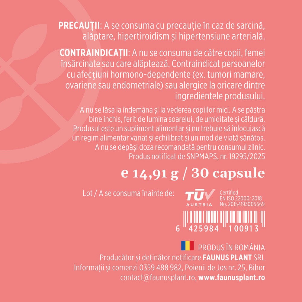 Menstrana – Formulă naturală cu Maca și Vitex agnus-castus pentru echilibru hormonal și confort în sindromul premenstrual (PMS). Flacon 30 capsule Supliment alimentar Faunus Plant 