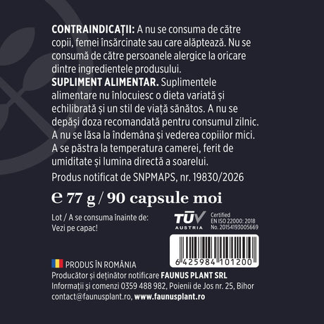 Etichetă desfășurată capsule Chimen Negru de la Faunus Plant, cu cantitate și detalii despre producător, contraindicații, cod de bare și logo TUV Austria.