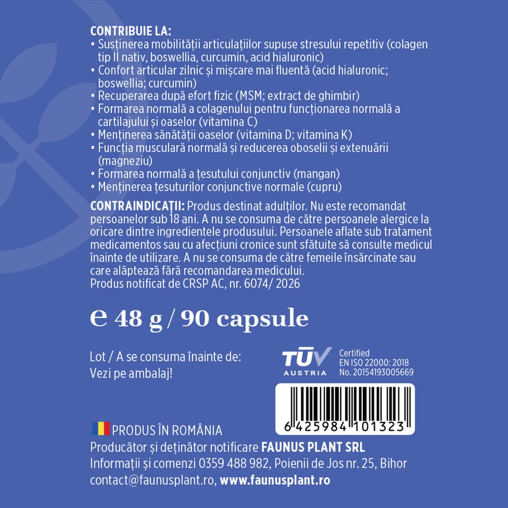 Etichetă desfășurată pentru Colagenus Articulații Forte capsule de la Faunus Plant având vizibile beneficiile cheie, contraindicațiile, gramajul, certificarea, cod de bare, detalii producător.