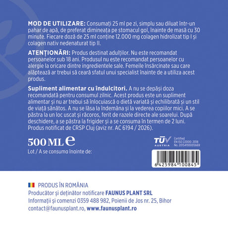 Colagenus Articulații Forte - Colagen lichid concentrat, 12.000mg colagen tip I și III, 12,5mg colagen tip II. Flacon 500ml. Susține sănătatea articulațiilor, reducerea inflamațiilor, recuperarea mușchilor și ligamentelor Supliment alimentar Faunus Plant 