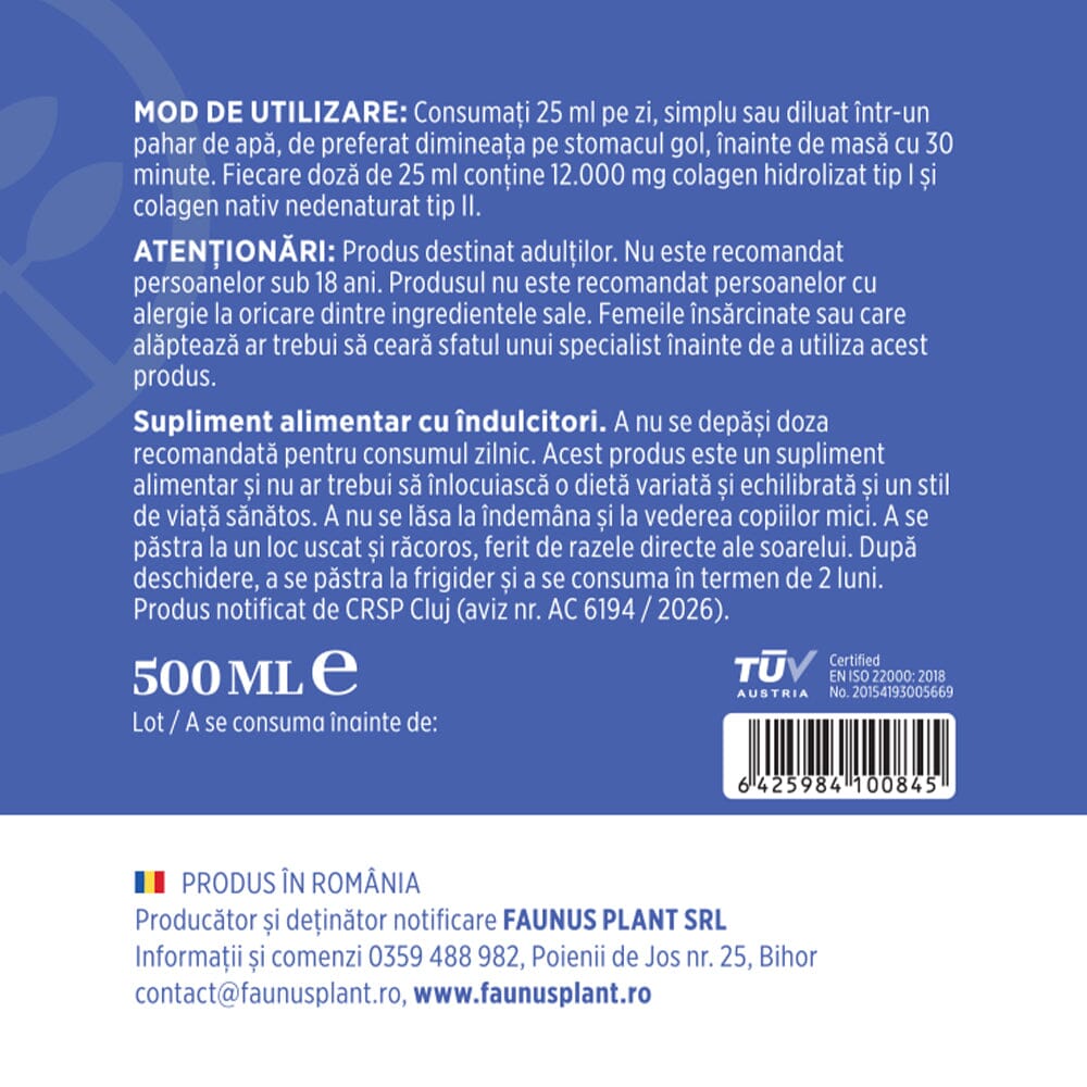 Colagenus Articulații Forte - Colagen lichid concentrat, 12.000mg colagen tip 1 și 40mg colagen tip 2. Flacon 500ml. Susține sănătatea articulațiilor, reducerea inflamațiilor și durerii reumatice, refacerea mușchilor și ligamentelor Supliment alimentar Faunus Plant 