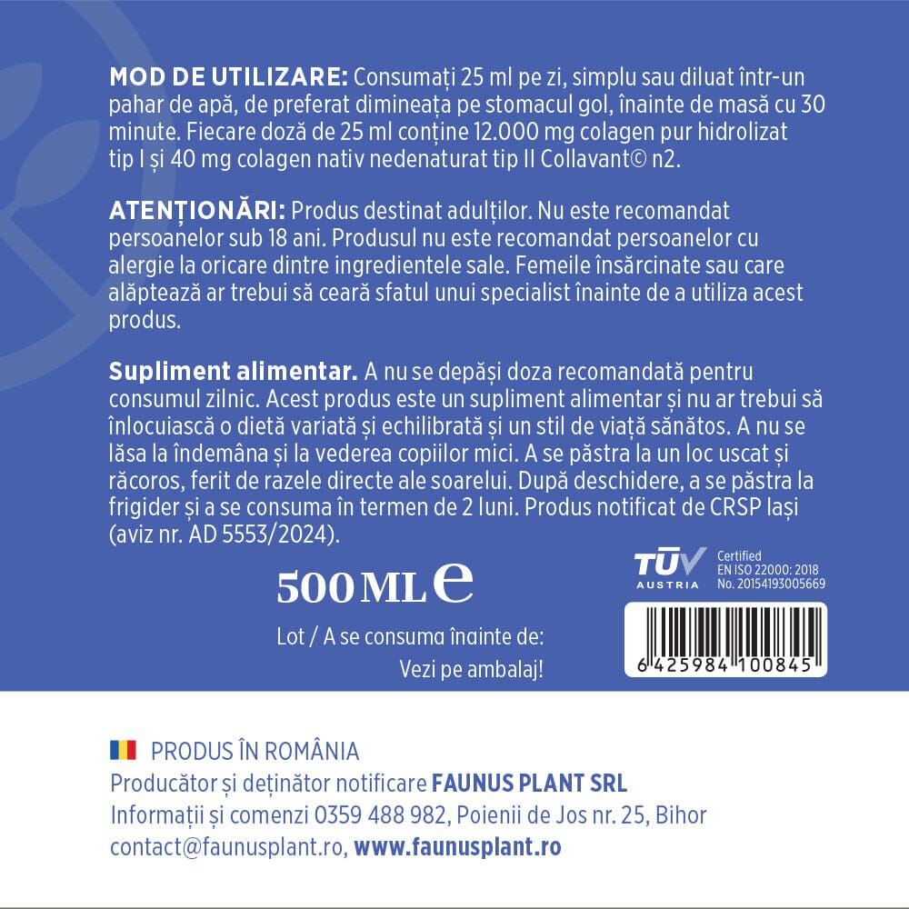 Colagenus Articulații Forte - Colagen lichid concentrat, 12.000mg colagen tip 1 și 40mg colagen tip 2. Flacon 500ml. Susține sănătatea articulațiilor, reducerea inflamațiilor și durerii reumatice, refacerea mușchilor și ligamentelor Supliment alimentar Faunus Plant 