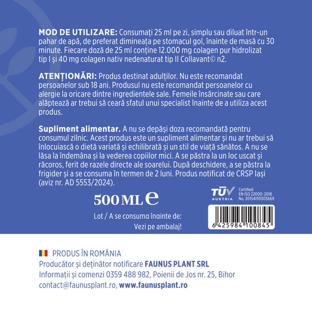 Colagenus Articulații Forte - Colagen lichid concentrat, 12.000mg colagen tip 1 și 40mg colagen tip 2. Flacon 500ml. Susține sănătatea articulațiilor, reducerea inflamațiilor și durerii reumatice, refacerea mușchilor și ligamentelor Supliment alimentar Faunus Plant 
