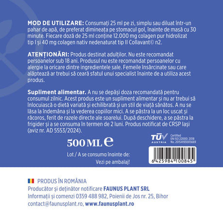 Colagenus Articulații Forte - Colagen lichid concentrat, 12.000mg colagen tip 1 și 40mg colagen tip 2. Flacon 500ml. Susține sănătatea articulațiilor, reducerea inflamațiilor și durerii reumatice, refacerea mușchilor și ligamentelor Supliment alimentar Faunus Plant 