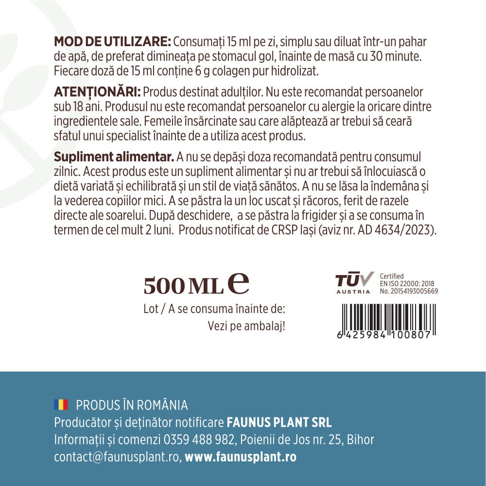 Colagenus Articulații - Colagen lichid. Flacon 500ml. Susține sănătatea articulațiilor, mușchilor și ligamentelor. Reduce durerile reumatice Supliment alimentar Faunus Plant 