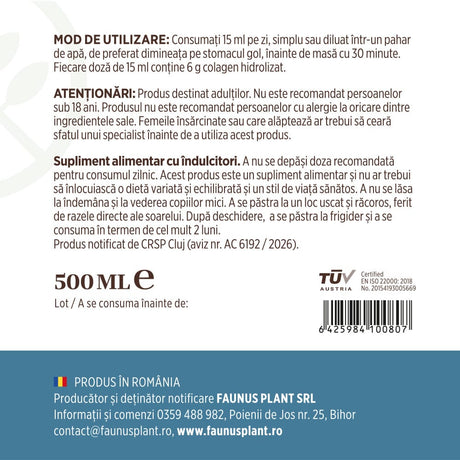 Colagenus Articulații - Colagen lichid. Flacon 500ml. Contribuie la sănătatea articulațiilor, mușchilor și ligamentelor Supliment alimentar Faunus Plant 