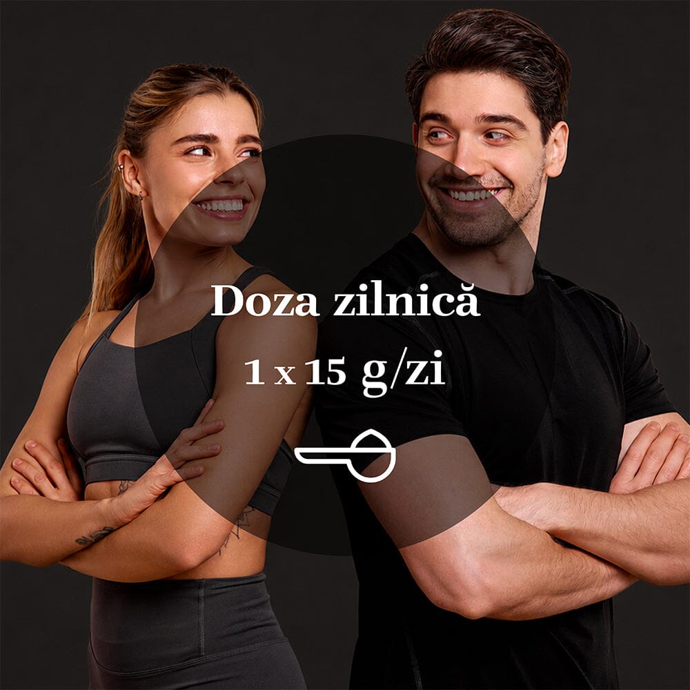 Imagine cu element circular central având scrisă doza zilnică de 1 x 15 g / zi și simbolul unei ligurițe desenate, iar pe fundal un bărbat și o femeie îmbrăcați sport, zâmbindu-și reciproc, stând spate în spate, cu brațele încrucișate.